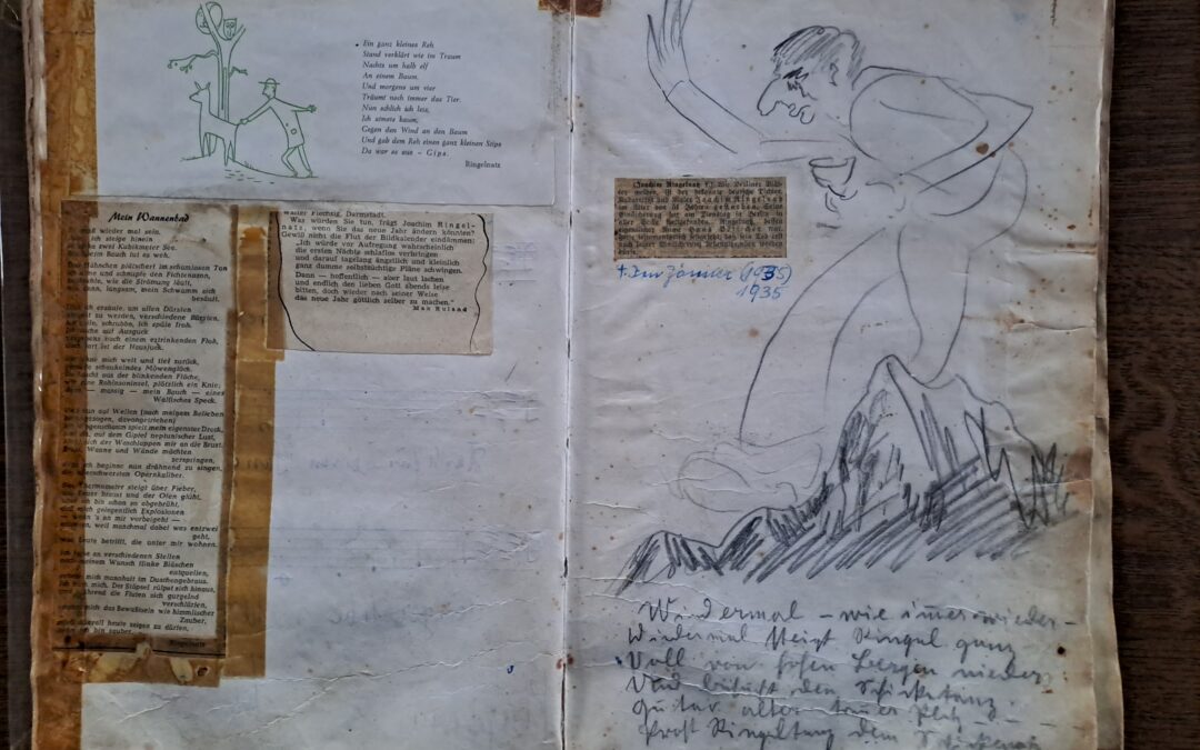NOVEMBER 2023: Aus dem Gästebuch des Gathauses „Batzenhäusl“: Joachim Ringelnatz (7.8.1883 – 17.11.1934): Selbstbild (Karikatur) und Gedicht