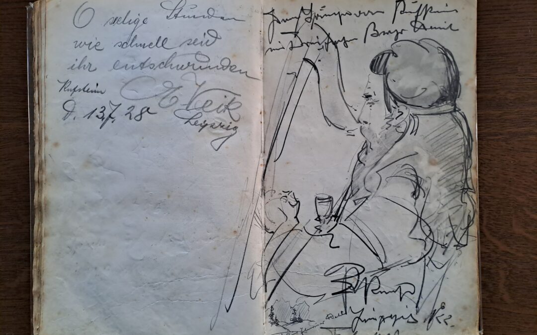 SEPTEMBER 2023: Aus dem Gästebuch des Gathauses „Batzenhäusl“: Martin Heigl als Harfenspieler, unbekannter Künstler